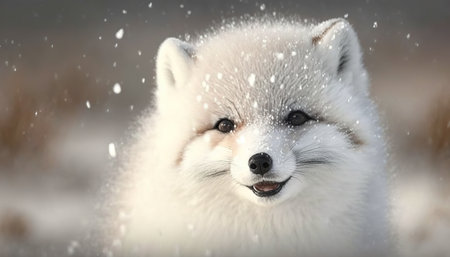 Cute polar fox very happy playing in snow, Christmas winter greeting card, wintertime AI generativeの素材