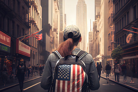 Back view of a tourist travelling in New York, AI generative artの素材