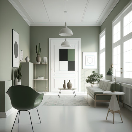 Minimalist mid-century interior with white and green decor, light and airy, living room AI generativeの素材