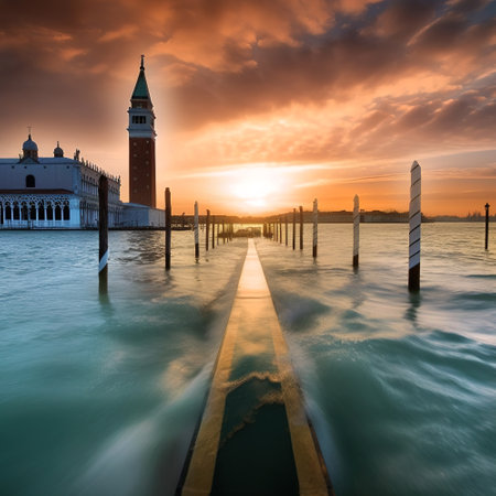 Aqua Alta in Venice that means high water in Spanish, with sea covering city center and elevated sidewalk, AI generativeの素材