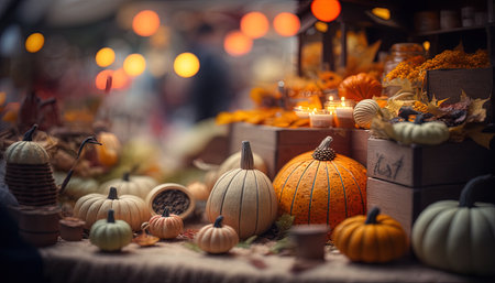 Halloween Pumpkin Market, Harvers street market, Fall, Autumn, nice romantic view of stalls with light garlands outdoors early in the evening, AI generativeの素材