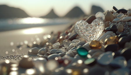 Glass heart on pectacularly beautiful glass beach, a glimmering sea of multicolored glass pebbles, AI generativeの素材
