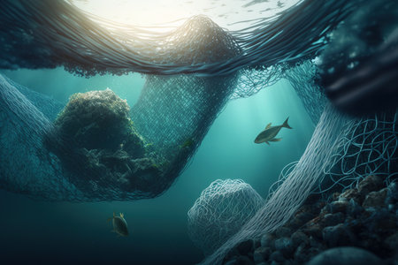 Plastic trash and broken nets underwater polluting ecosystems and natural habitats. Sea, ocean and rivers contaminated, polluted with plastic rubbish. Concept AI generative illustration.の素材
