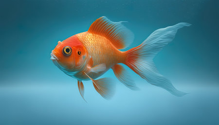 Beautiful goldfish swimming underwater on blue gradient background, AI generativeの素材