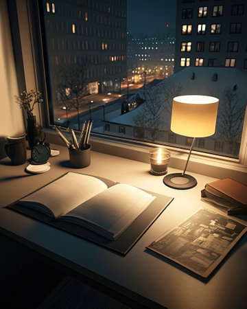 View from modern apartment in city in winter time, table with open book, notebook, night time, AI generativeの素材