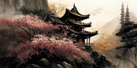 Ancient monastery, temple, breathtaking view of azalea flowers in the mountains, painted in the style of traditional Chinese ink painting, AI Generative.の素材