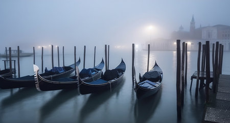 Romantic view of gondolas in Venice, Italy shrouded by misty sea, AI Generativeの素材