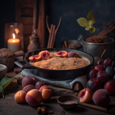 Plum crumble in iron skillet on dark background with fresh plums, AI generative foodの素材