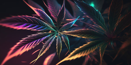 Cannabis, hemp foliage in neon light, cyan, orange and purple leaves on black background with flare. Positive new look on agricultural marijuana. Aesthetic vibrant abstract background, AI generativeの素材