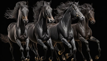 Four big black horses running along on black background, AI generativeの素材