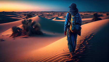 Back view of a tourist walking in desert at sunset, AI generative artの素材