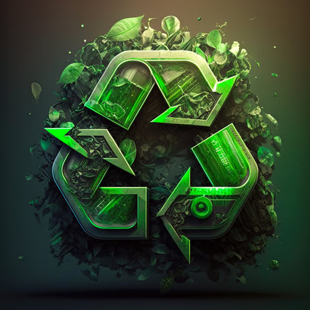 Recycling sign made out of broken pieces of plastic on dark background with shadow, AI generativeの素材