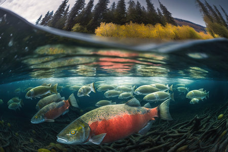 Red sockeye salmon underwater in British Columbia river, AI generativeの素材