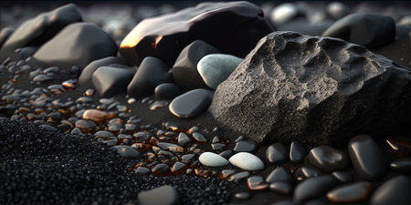 Black pebbles, close-up on black stones polished by sea, abstract natural background, AI generativeの素材