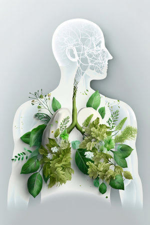 Lungs made of leaves and flowers, green lung, healthy respiratory system, anatomical human silhouette, composite illustration made from AI generative elementsの素材
