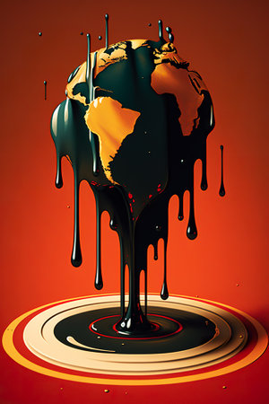 Oil dripping down from planet Earth with continents and oceans, concept image on vibrant orange background, AI generative grunge illustrationの素材