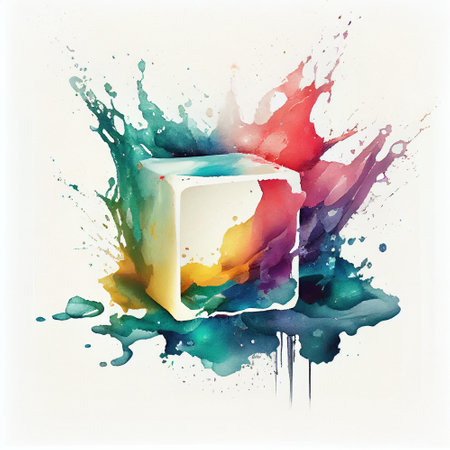 Watercolor transparent cube, circular multicolor paint splatter design element on white paper, Generative AIの素材
