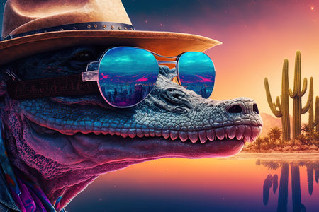 Funky lama character in mirror sunglasses, neon, vibrant colors, synthwave style, 80s vibe, AI generativeの素材