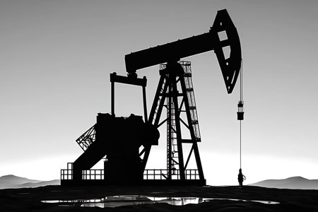 Pumpjack silhouette, black white illustration, oil industry, fuel generation, heavy machinery, AI generativeの素材
