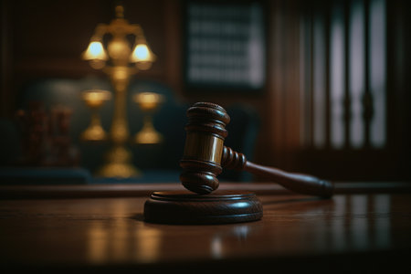 Laws symbols of justice, mallet and scales in dark courtroom with a wooden decor enhanced by AI generative atmosphereの素材