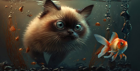 Cat swimming underwater to catch scared orange fish below water surface, surreal AI generative panoramic bannerの素材