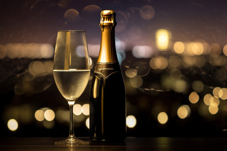 Sparkling champagne glasses and bottle on balcony with spectacular view over city skyline at night with lights. Silvester celebration, New Years Eve, Happy New Year, AI generativeの素材