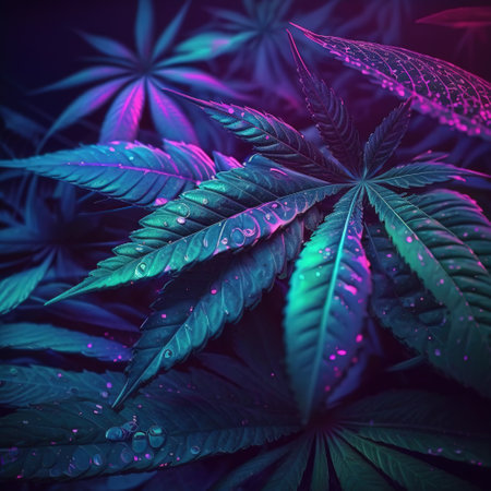 Cannabis, hemp foliage in neon light, cyan, orange and purple leaves on black background with flare. Positive new look on agricultural marijuana. Aesthetic vibrant abstract background, AI generativeの素材
