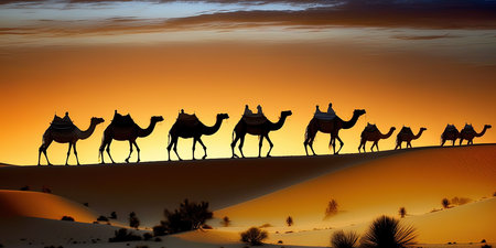 Majestic silhouettes of camels in a caravan, trekking through the desert at sunset, exotic adventure, AI generative.の素材