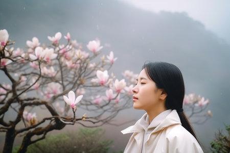Oriental Woman with White Jacket Admiring Magnolia Tree in Misty Mountains, AI Generativeの素材