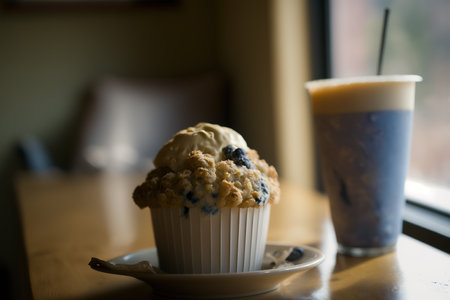 Coffee and tasty blueberry muffin in cafe, AI generative breakfastの素材