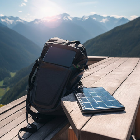Portable Solar Panel Charging Mobile Device on Rustic Table, Backpack, Stunning Mountain View, AI Generativeの素材