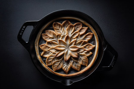 Tasty apple pie in iron pan on black background, AI generativeの素材