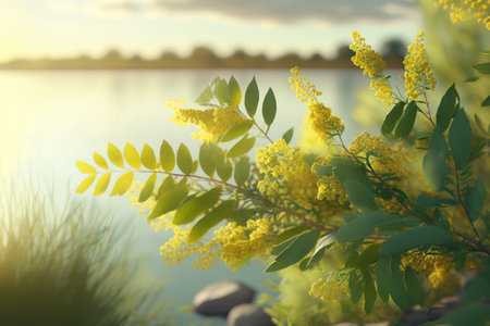 Mimosa, wattle flowers, spring landscape of lush greenery with calm lake or river, ai generativeの素材