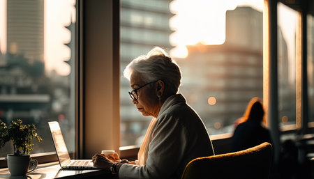 Senior female, Asian, oriental old lady with laptop in coffee shop or library with city skyline, sunset behind large window, AI generativeの素材