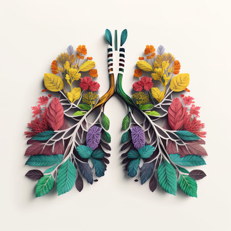 Lungs made of leaves and flowers, green lung, healthy respiratory system, multicolor paper art, anatomical diagram of human lung, AI generativeの素材