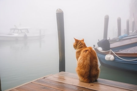 Ginger Cat on Wet Wooden Pier Watching Fishermen Boats in Misty Sea, AI Generativeの素材