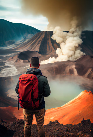 Back view of a tourist watching active volcano, AI generative artの素材
