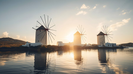 Historic Greek windmills on sunset with reflection in calm sea water, beautiful romantic Greece, AI generativeの素材