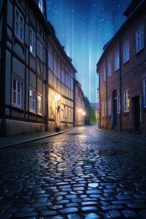 Historic German town at night with stars shining on cobbled street and half timbered ancient houses, AI generative realistic illustrationの素材