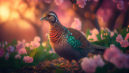 Green pheasant bird in beautiful pink flowers, magical creature, AI generative illustrationの素材