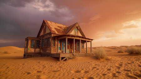 African desert sand taking over old wooden house on sunset, AI generative landscapeの素材