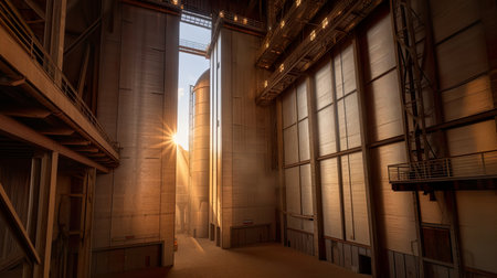 Interior of old abandoned grain elevator on sunset, AI generativeの素材