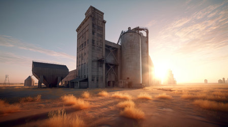 Old abandoned grain elevator, grain warehouse, AI generative industrial exterior, sunset, flareの素材