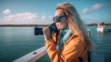 Young woman tourist, traveller on a ship in open sea taking picture with her camera, AI generativeの素材