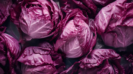 Red cabbage, whole heads, flat lay or top view, AI generativeの素材