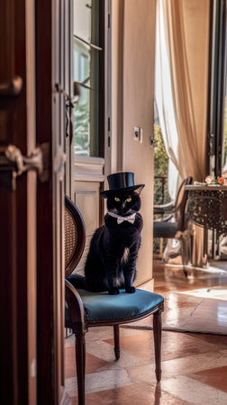 Black cat in bow tie and black hat sitting on a chair in elegant and stylish room, AI generativeの素材