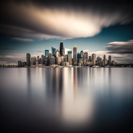 Seattle, USA: The view of Seattles skyline from across Elliott Bay at night, AI generativeの素材