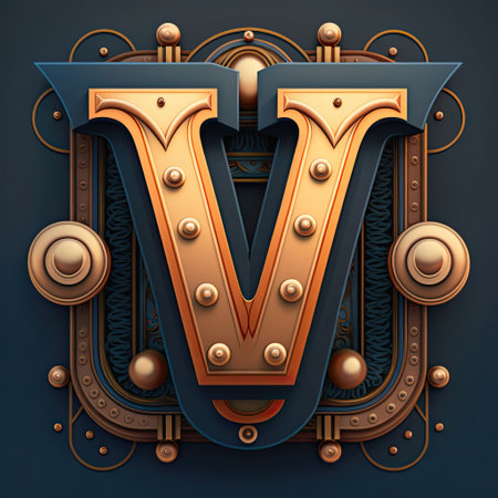 Capital letter V, steampunk alphabet in bronze metal and navy blue colors, AI generative.の素材