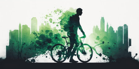 Double exposure of a cyclist, young man on a bike, riding bicycle in city, urban skyline, watercolorstyle, AI generativeの素材
