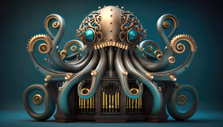 Steampunk mechanical object, blend between octopus and pipe organ, part creature, part music instrument, bronze and blackened silver metallic finish. AI generative.の素材